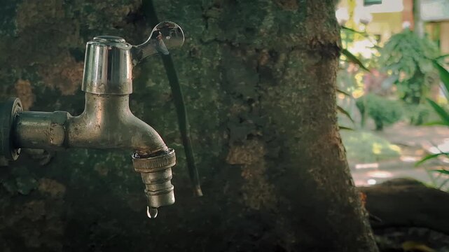 Leaking faucet attached to tree trunk, single drop of water wasted, symbolizing water scarcity.