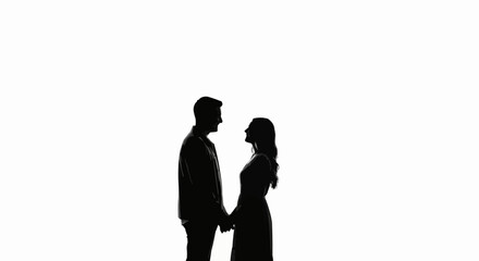 Minimalist silhouette of a romantic couple holding hands on a white background.