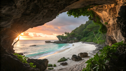 View from dark cave opening onto bright tropical beach with turquoise water and sunset sky full hd 4k stock image download