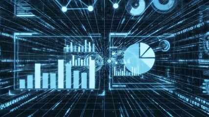 Futuristic digital data visualization with glowing blue lines, binary code, and abstract charts - Powered by Adobe