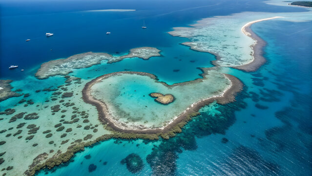 Aerial drone view of a heart shaped coral reef in clear turquoise ocean water with boats full hd 4k stock image download
