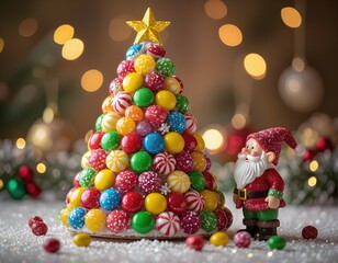 Dolce Natale delle fiabe: nanetto con albero di caramelle e dolciumi