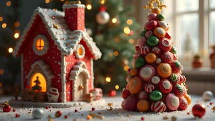 Dolce Natale delle fiabe: nanetto con albero di caramelle e dolciumi