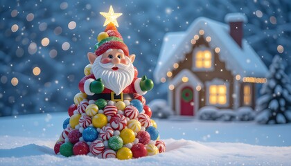 Dolce Natale delle fiabe: nanetto con albero di caramelle e dolciumi