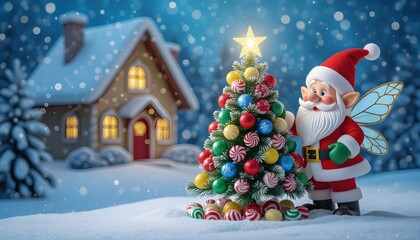 Dolce Natale delle fiabe: nanetto con albero di caramelle e dolciumi