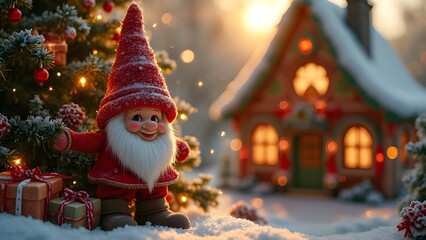 Dolce Natale delle fiabe: nanetto con albero di caramelle e dolciumi