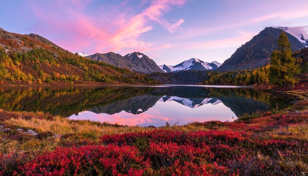 A breathtaking lake reflects red autumn foliage, golden trees, and snow-capped mountains beneath a pastel sky. - Powered by Adobe