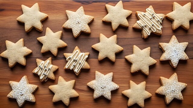 Homemade star-shaped cookies arranged neatly on a rustic wooden board, warm cozy holiday baking scene ideal for festive food themes. - Powered by Adobe