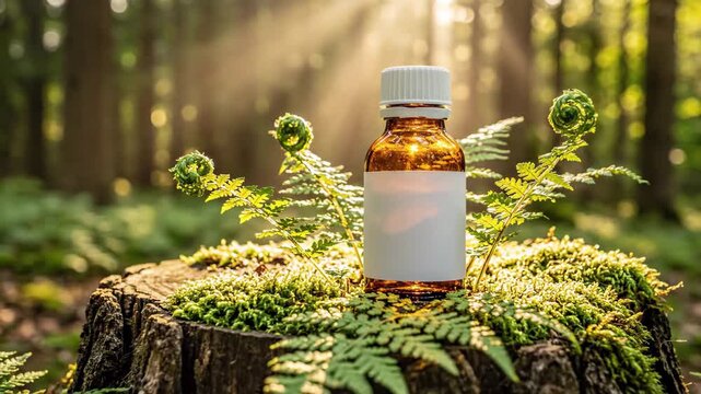 Amber bottle with white label on mossy tree stump, surrounded by ferns in a sunlit forest