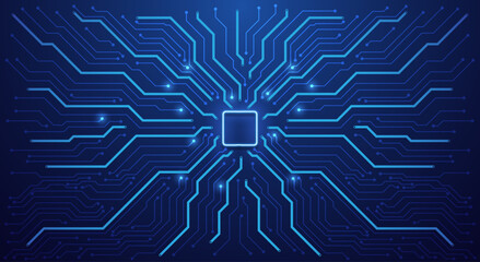 Futuristic circuit board background with glowing blue lines. Technology and artificial intelligence concept. High tech digital network vector illustration. EPS10.