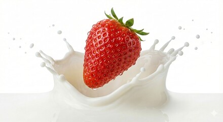 Fresh strawberry dropping into milk with splash, isolated on white background