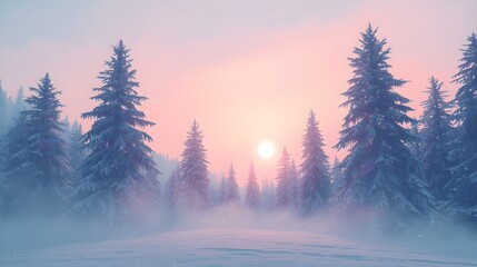 Tranquil winter wonderland scene showcasing a snowy forest with a soft pink sunset creating a serene atmosphere