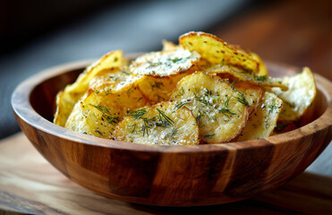 Dill Herb Potato Chips in Wooden Bowl