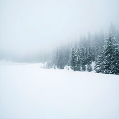 Naklejka premium Enchanting winter wonderland showcasing snow covered evergreen trees shrouded in mist, perfect for holiday promotions