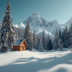 Fototapeta premium Escape to a cozy winter cabin nestled in a serene snow covered mountain landscape offering peace and tranquility