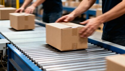 Two logistics workers handling cardboard packages on a motorized roller conveyor belt in a distribution warehouse.