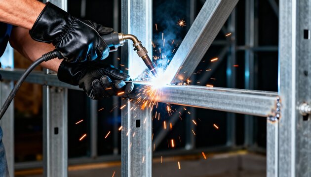 Close-up of a worker wearing gloves welding metal frame construction, producing bright sparks and light.
