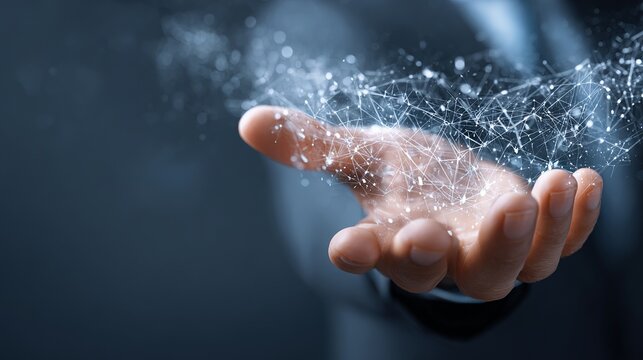 Futuristic glowing network floats above outstretched hand symbolizing connectivity, innovation and modern technology solutions - Powered by Adobe
