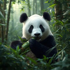 Obraz premium Adorable panda bear enjoying fresh bamboo in lush green forest setting, perfect for nature and conservation campaigns