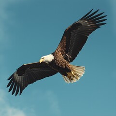 Obraz premium Majestic bald eagle soaring effortlessly through the clear blue sky with powerful wings outstretched in freedom