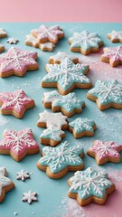 Frosted snowflake cookies on blue background for Christmas holiday dessert  