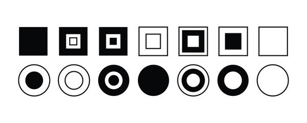Abstract Concentric Squares and Circles Icon Set in Black and White for Target, Focus, and Geometric Design
