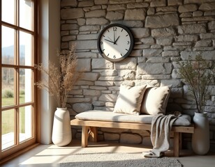 Rustic bench adorns stone wall with clock. Pillows, blanket add comfort. Vases with branch near window create ambient interior. Modern farmhouse entryway design blends nature with indoors. Neutral