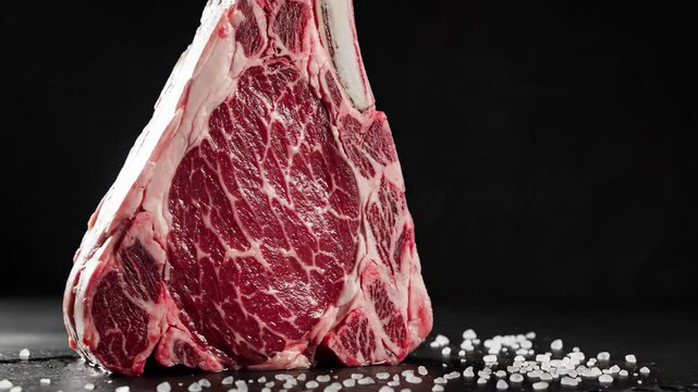 Raw tomahawk steak with bone and marbling, resting on a dark surface with coarse salt