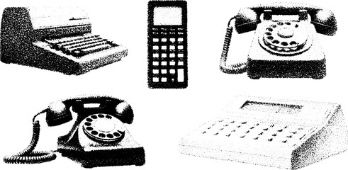 Vintage telephone and calculator illustration with typewriter. Black outline and engraved style representing collectible equipment in a vector set.