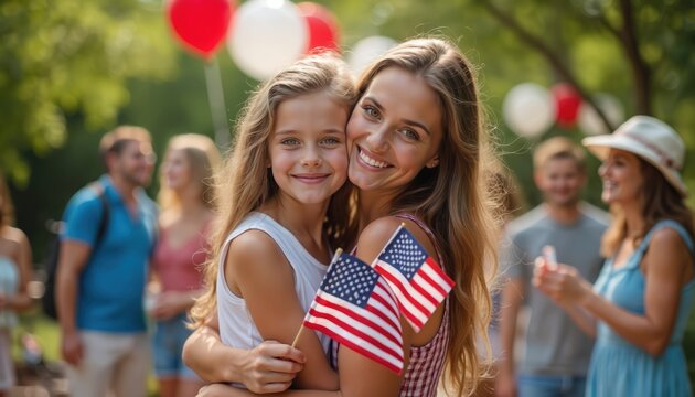 Mother hugs daughter holding USA flags celebrating 4th of July. Family celebrate US Independence day outdoors with balloons. Festive family gathering enjoy national holiday in summer at park.