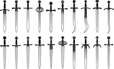 Collection of detailed medieval sword silhouettes showcasing varied blade styles and ornate hilts, perfect for fantasy vector illustration projects, 