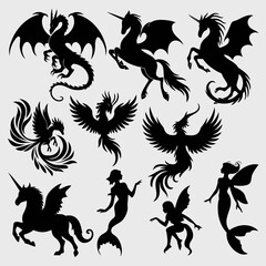 Fantasy creatures including dragons, mermaids, and winged figures in black silhouette style