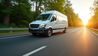 White delivery van rides on highway at sunset. Car drives fast on asphalt road through trees. Vehicle transports cargo on motorway. Speed motion on highway. Quick business travel concept. Van ready