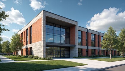 Modern school building exterior features red brick facade, large glass windows, and landscaped lawn. This academic institution has a clean, professional appearance suitable for educational themes.