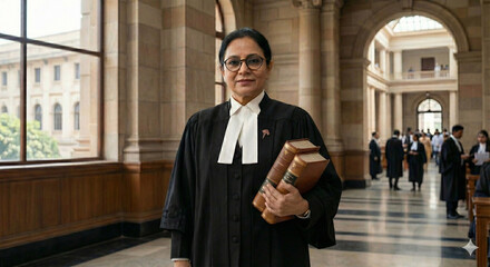 Portrait of a Confident Indian Female Lawyer Holding Law Books in a Historic Courthouse Hallway