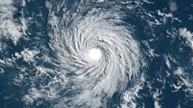 Satellite view of a powerful hurricane with a distinct eye swirling over the vast ocean
