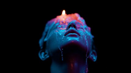 Dramatic blue-lit wax figure faces upward, candle flame flickering, creating a haunting and surreal artistic effect.