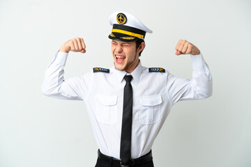 Airplane Russian pilot isolated on white background doing strong gesture
