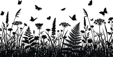Horizontal monochrome vector silhouette of a wild summer meadow border with grass, cow parsley, ferns, wildflowers, and flying butterflies, isolated for nature banner design. © Vector's World