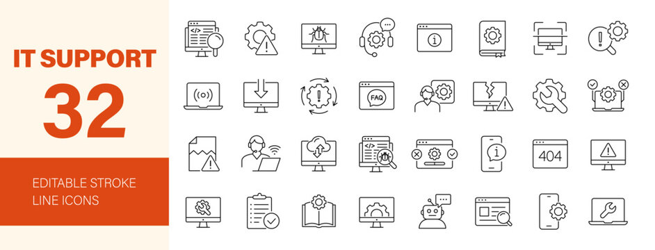 IT support icon set. Editable line icons. Vector illustration.