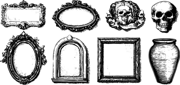 Collection of vintage frames and ornate mirrors featuring skull details and a decorative vase. Set in classic style for artistic vector illustration.