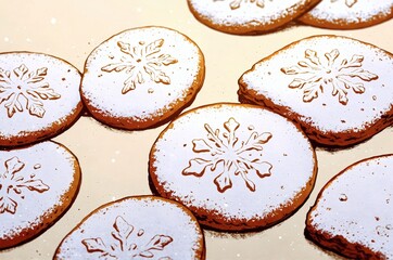 Christmas holiday dessert macro of decorated snowflake cookies  