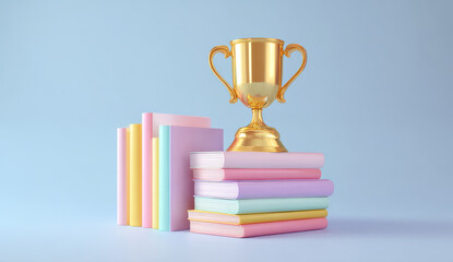 Golden trophy on pastel books stack, academic achievement concept.