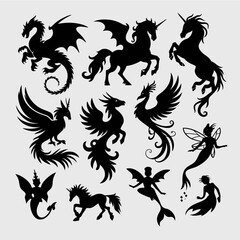 Collection of fantasy creatures including dragons, unicorns, griffins, mermaids, and fairies in black silhouette style