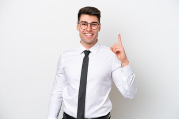 Business caucasian man isolated on white background pointing with the index finger a great idea
