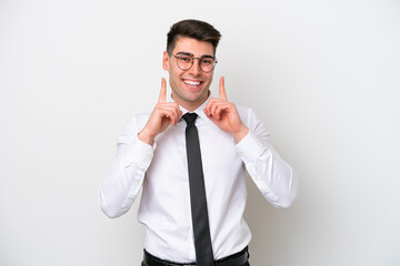 Business caucasian man isolated on white background smiling with a happy and pleasant expression