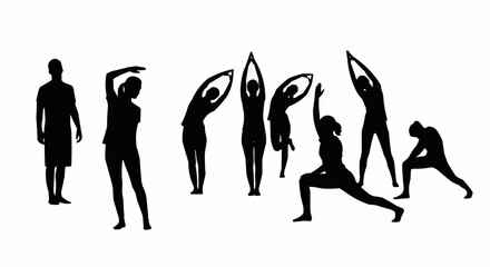Silhouettes of people stretching and exercising in various poses.