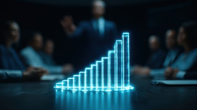 management team goal-setting. Business meeting with a glowing growth chart in focus and attendees in the background.