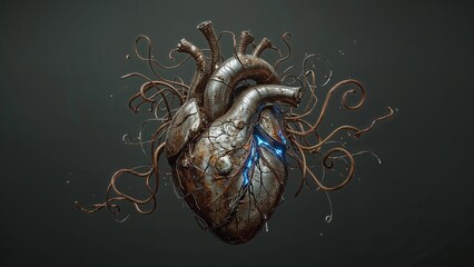 Broken heart with wires going out of it, tragic love or special medical conditions, heart or feelings problems concept