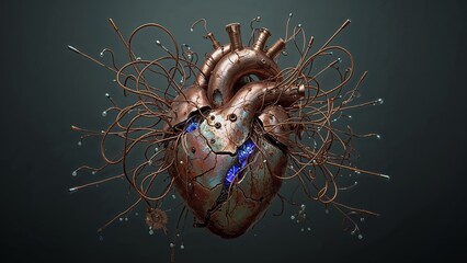 Broken heart with wires going out of it, tragic love or special medical conditions, heart or feelings problems concept